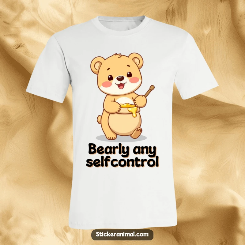 Funny t-shirt with a cheerful bear cub carefully balancing a large pot overflowing with sticky, golden honey, looking pleased.