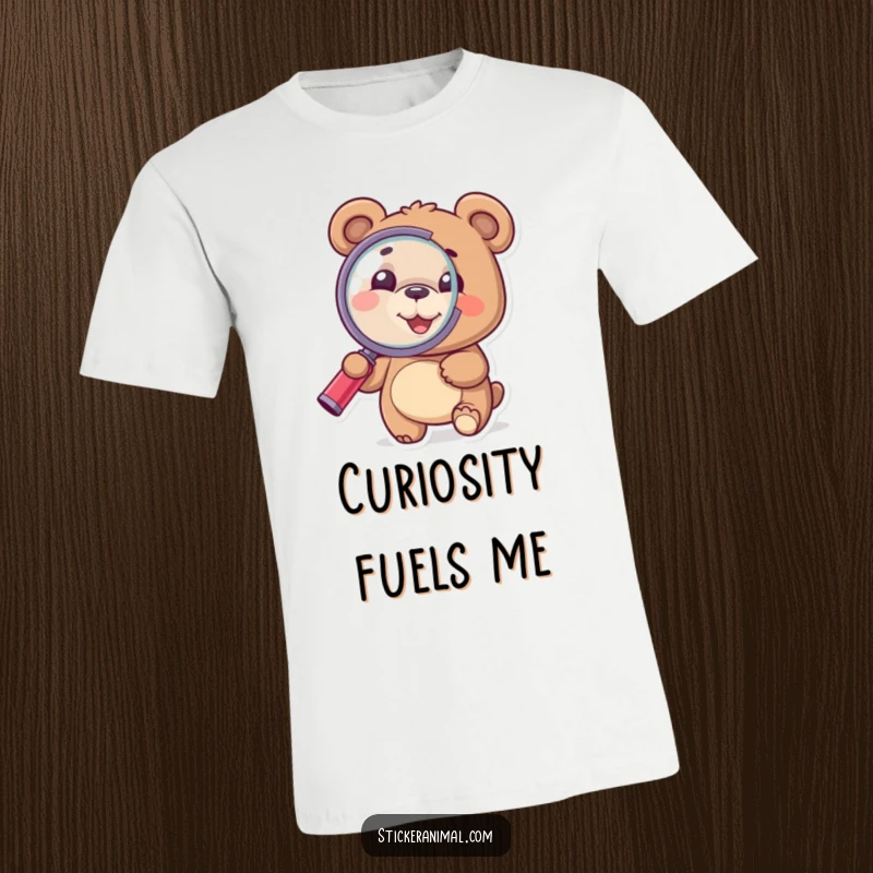 Funny Bear T-Shirt: A happy bear uses a magnifying glass to inspect closely, depicting wonder and humorous investigation.