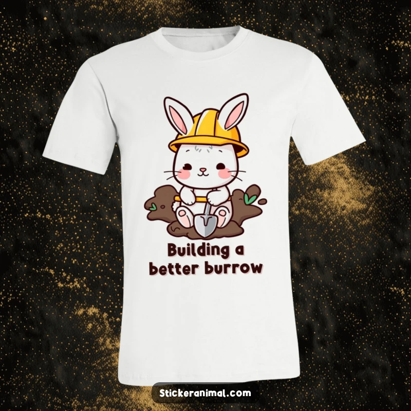 Funny Bunny T-Shirt: A determined bunny wearing a hard hat digs with a shovel, showcasing playful construction spirit.