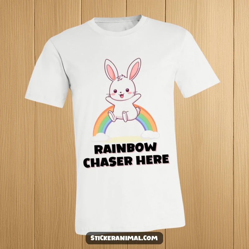 Funny t-shirt featuring a smiling bunny hopping over a tiny rainbow, perfect for spreading cheerful vibes.