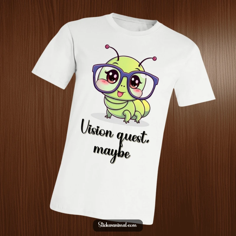 Funny t-shirt features a wriggling caterpillar character hilariously trying on oversized glasses, a visual gag.