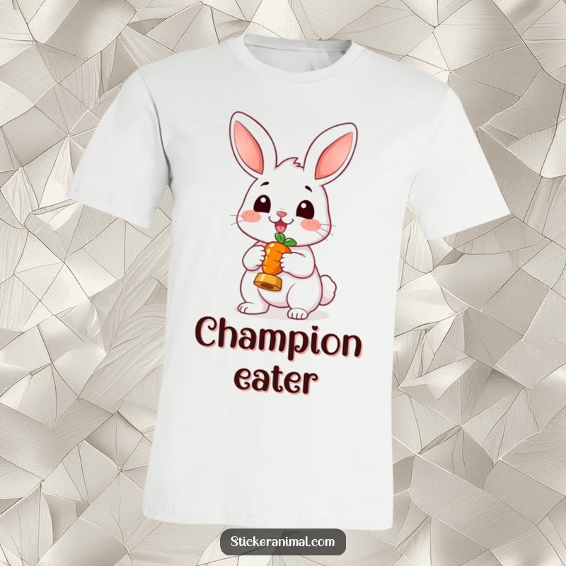 Funny Cheerful Rabbit T-Shirt: A graphic tee depicting a joyful rabbit holding a small carrot like a prestigious award, radiating happiness.