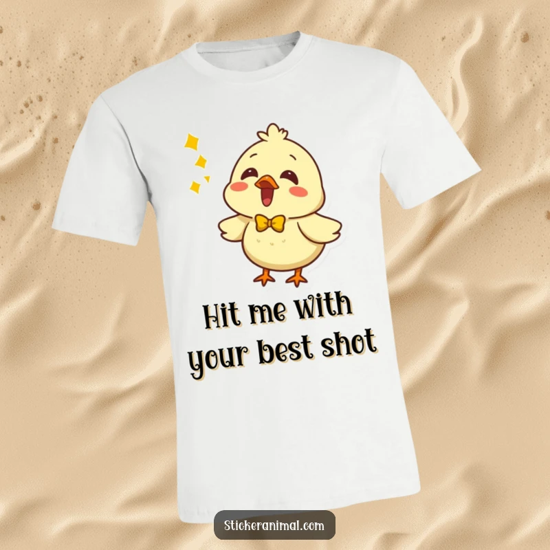 Funny chick character in a t-shirt, wearing a yellow bow and singing energetically. Ideal for performers and singers.