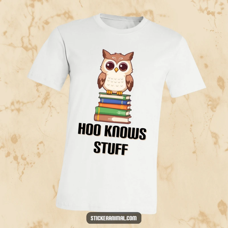 Funny owl t-shirt with a curious character sitting atop a stack of books, representing wisdom and a love for reading.