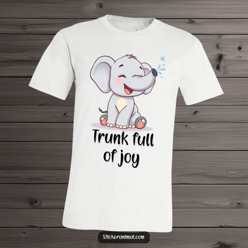Funny T-Shirt: A happy elephant calf gleefully spraying water from its trunk, creating a fun, bubbly splash.