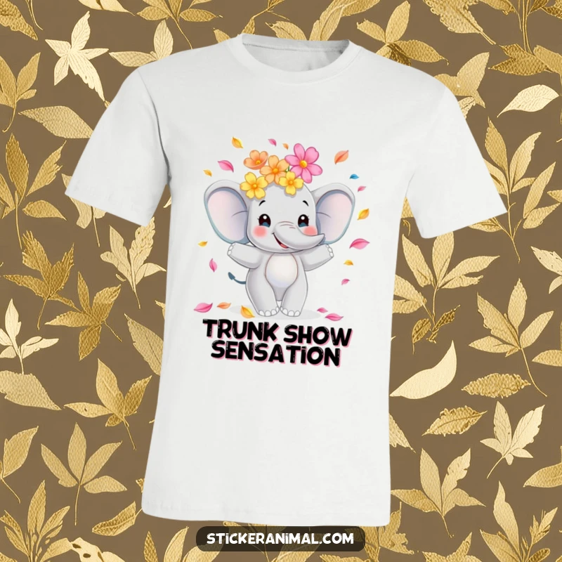 Funny elephant t-shirt featuring a smiling character gracefully juggling a shower of colorful flower petals, radiating pure joy and whimsy.
