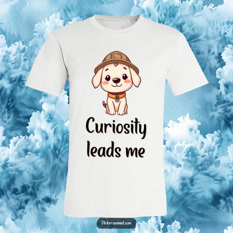 Funny t-shirt featuring a smiling puppy in a tiny explorer hat, looking around with wide-eyed curiosity, ready for funny escapades.