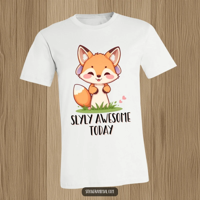 Funny t-shirt featuring a cheerful fox cub peeking from behind a mushroom, perfect for playful vibes.