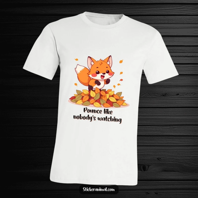 Funny t-shirt featuring an enthusiastic fox in mid-air, pouncing with pure delight onto a large pile of colorful autumn leaves.