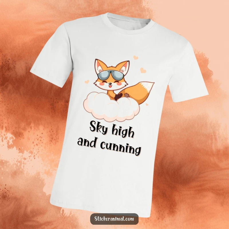 Funny Fox T-Shirt: A grinning fox pilots a cloud in a fantasy sky, depicting joyful exploration and humor.