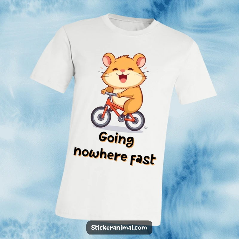 Funny t-shirt features a grinning hamster character spinning rapidly on a tiny bicycle, depicting pure joy.
