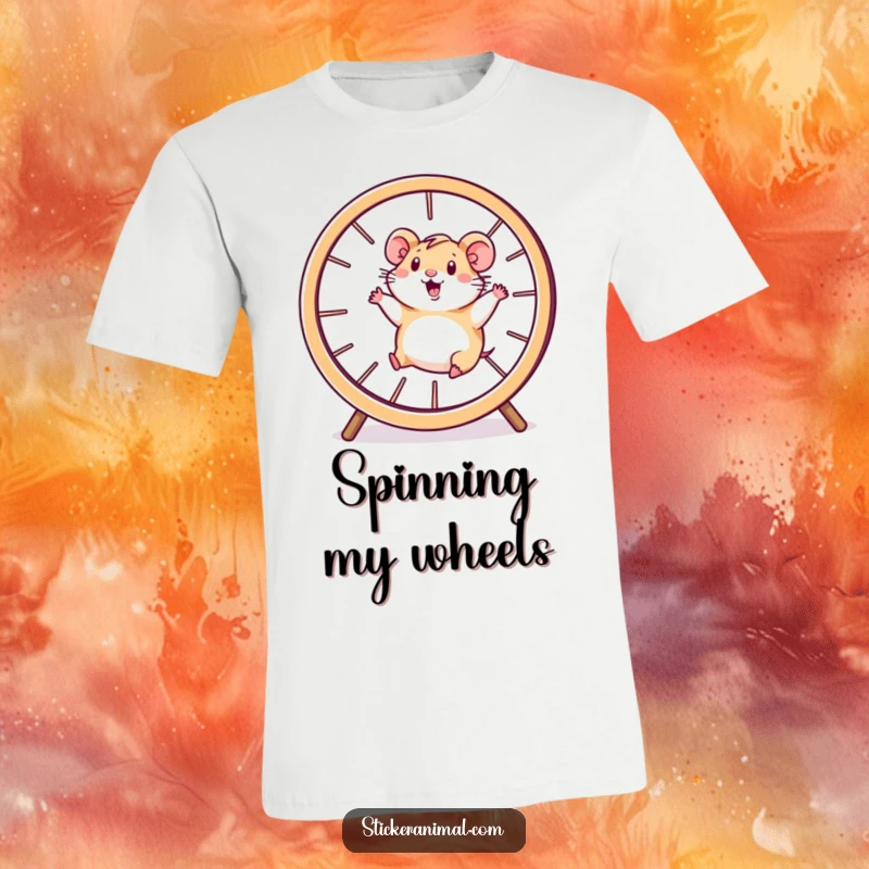 Funny hamster t-shirt with a happy character running vigorously inside a giant spinning wheel, embodying unstoppable energy.