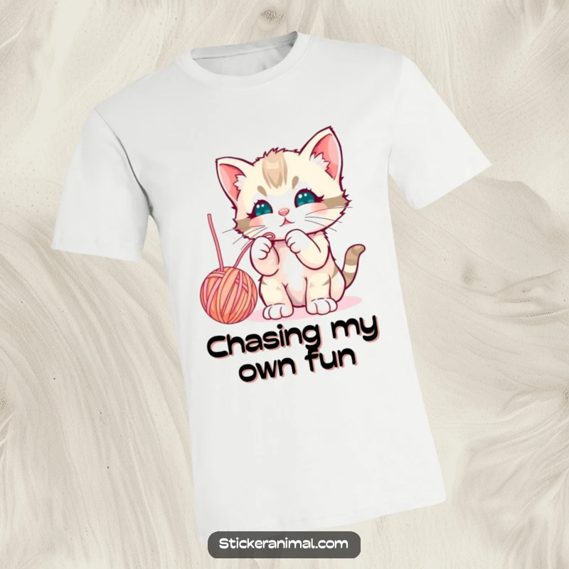 Funny curious kitten batting playfully at a dangling yarn ball, featured on a comfortable and fun t-shirt.