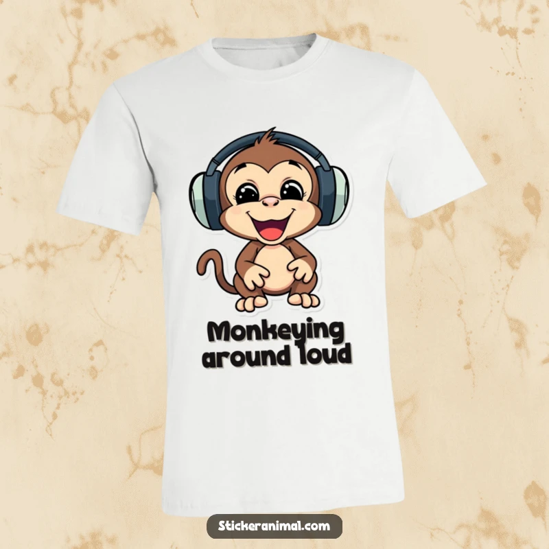 Funny t-shirt showing a playful monkey character with oversized headphones, enthusiastically bobbing its head to music.