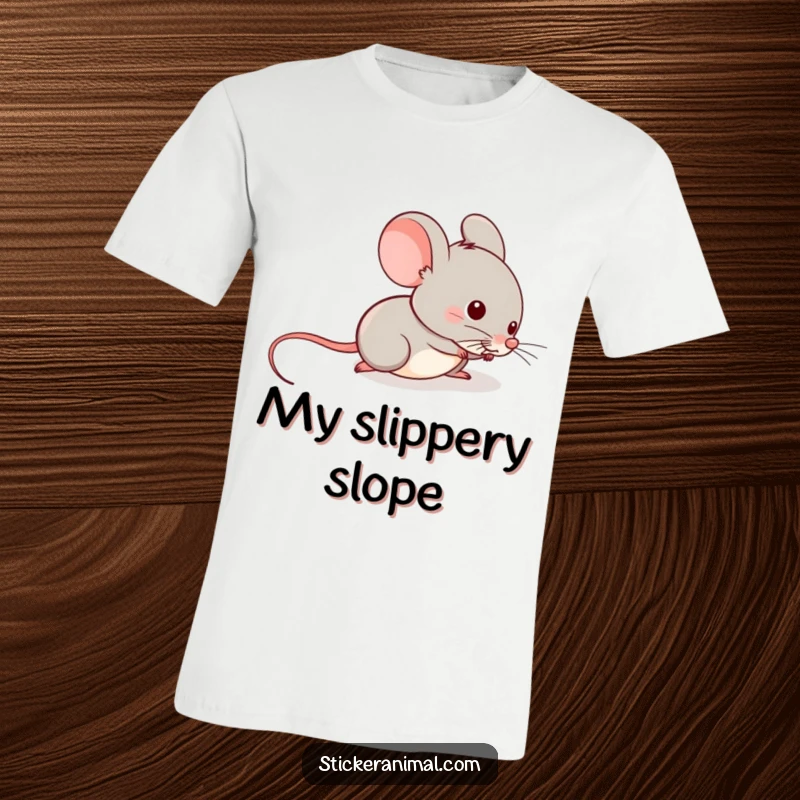 Funny t-shirt with a mischievous mouse sliding down a tail, capturing a moment of playful energy and cheeky adventure.