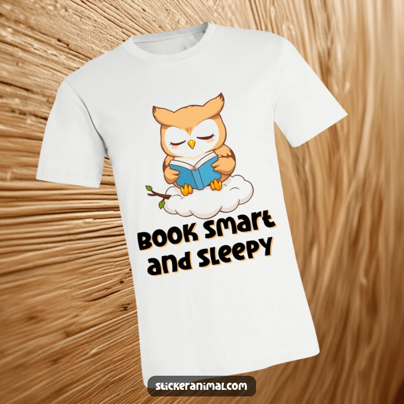 Funny owl book lover t-shirt featuring a cute owl character reading a book while perched on a fluffy cloud, exuding peace.