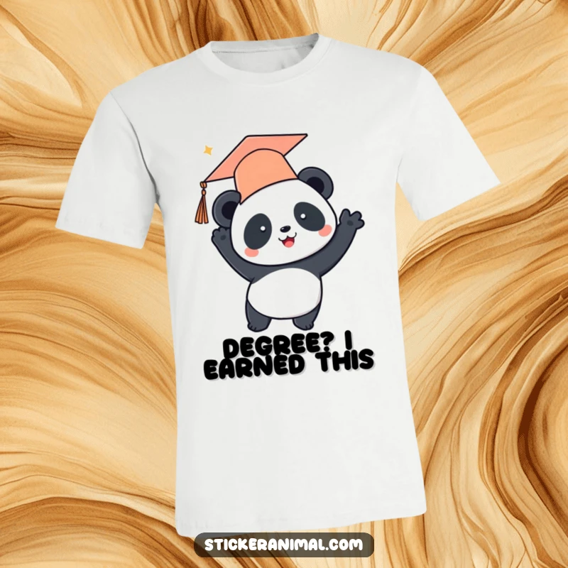 Funny t-shirt showcasing a happy panda wearing a graduation cap and tossing it joyfully into the air, celebrating achievement.