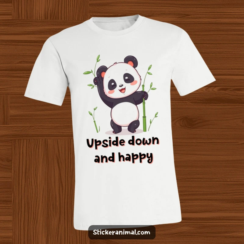 Funny panda handstand t-shirt featuring a joyful panda character in a precarious handstand pose, surrounded by bamboo stalks.