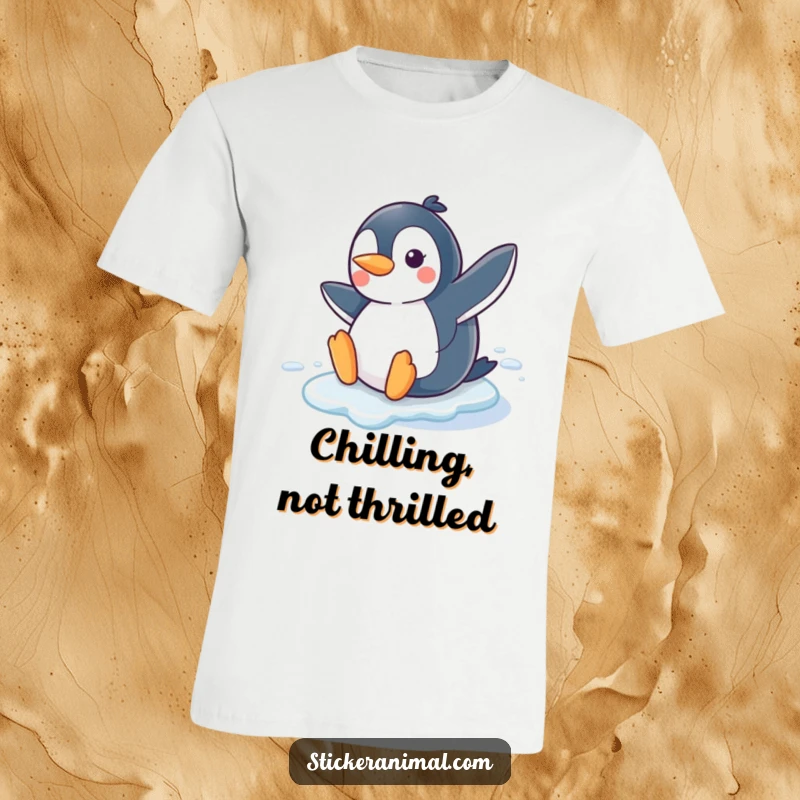 Funny Penguin Slide T-Shirt showcasing a joyful penguin character sliding on ice with a beaming smile, embodying winter fun.