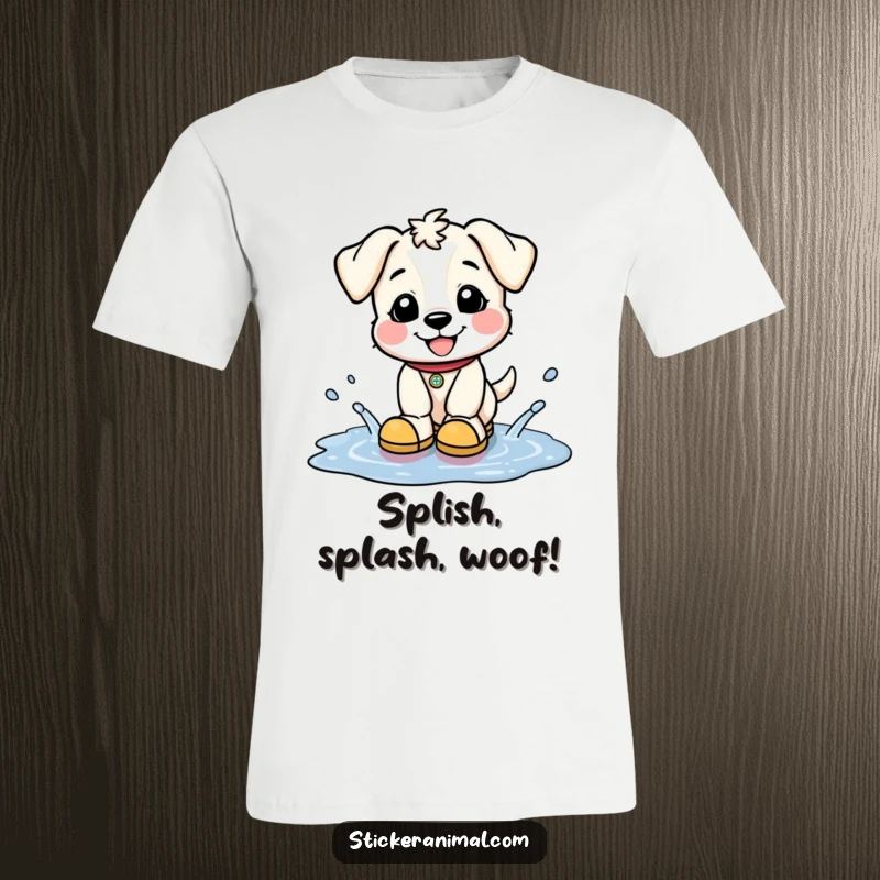 Funny t-shirt of a happy puppy wearing cute tiny boots, gleefully splashing in puddles, celebrating outdoor fun and wet paws.