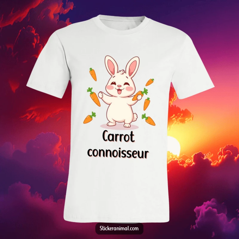 Funny giggling rabbit juggling carrots on a t-shirt, radiating playful energy and humor, a great funny gift.