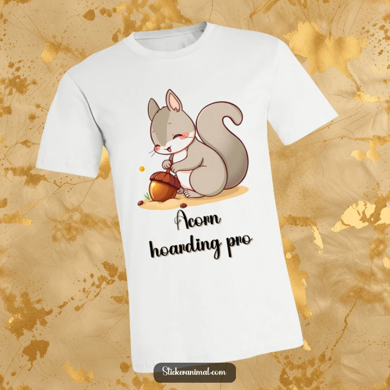 Funny t-shirt depicting a cunning squirrel intensely focused on burying a perfectly shiny acorn in the ground, looking sly.