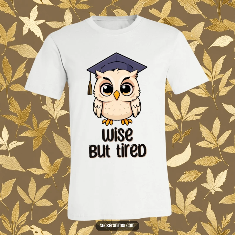 Funny t-shirt featuring an owl with enormous, surprised eyes beneath a graduation cap, symbolizing unexpected achievement.