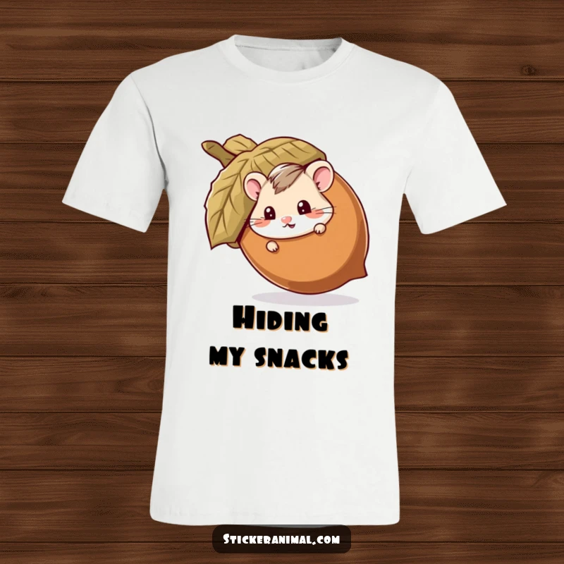 Funny t-shirt featuring a mischievous hamster peeking out from behind a giant acorn, looking playful and ready for hilarious antics.