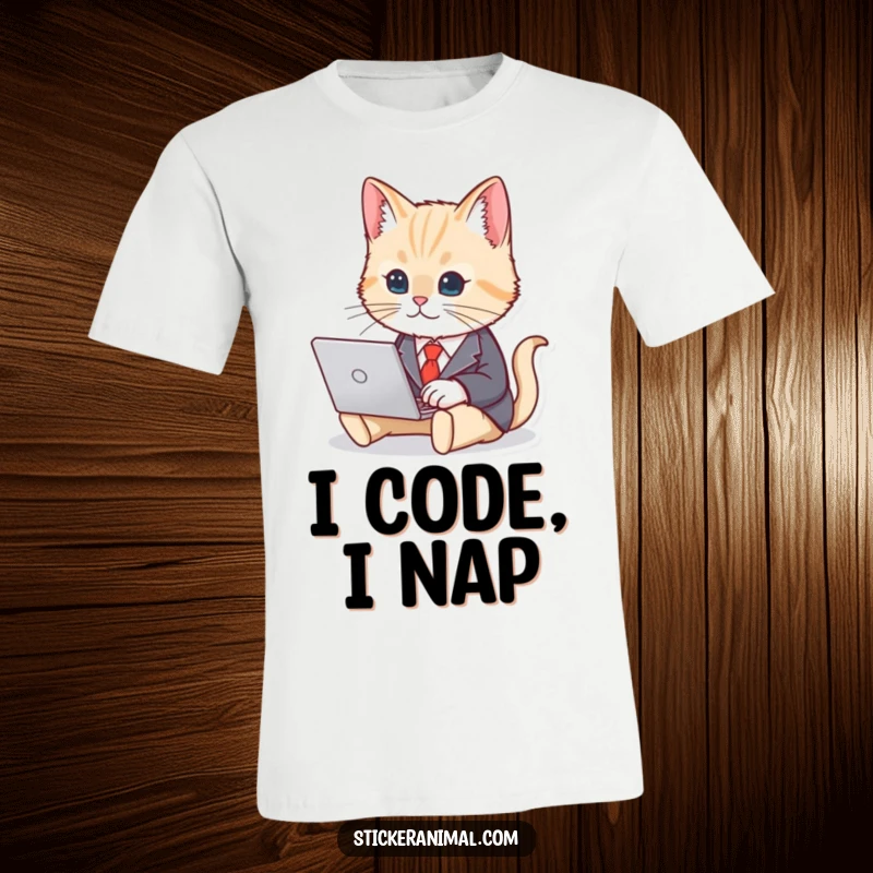 Funny t-shirt design of a cute cat wearing a business suit, focused on typing at a miniature laptop, perfect for office humor.