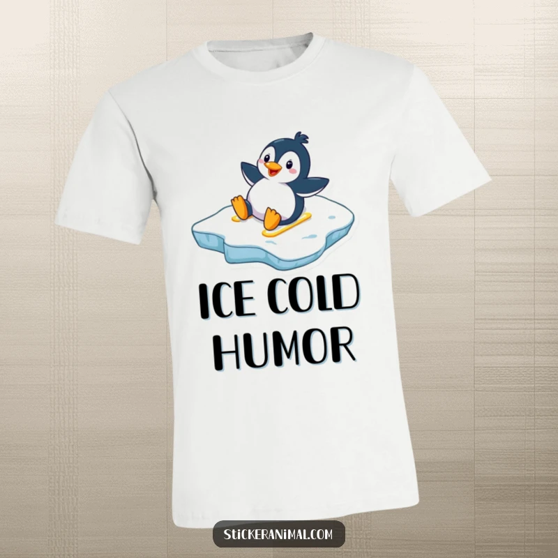 Funny penguin t-shirt showing a happy penguin sliding downhill on ice, capturing the exhilaration of winter fun.