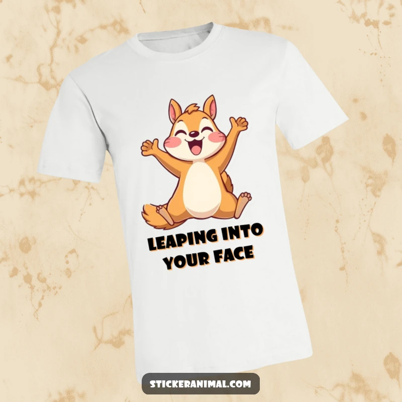 Funny t-shirt featuring a dynamic, joyful squirrel character leaping high in celebration, radiating pure happiness, ideal for casual wear.