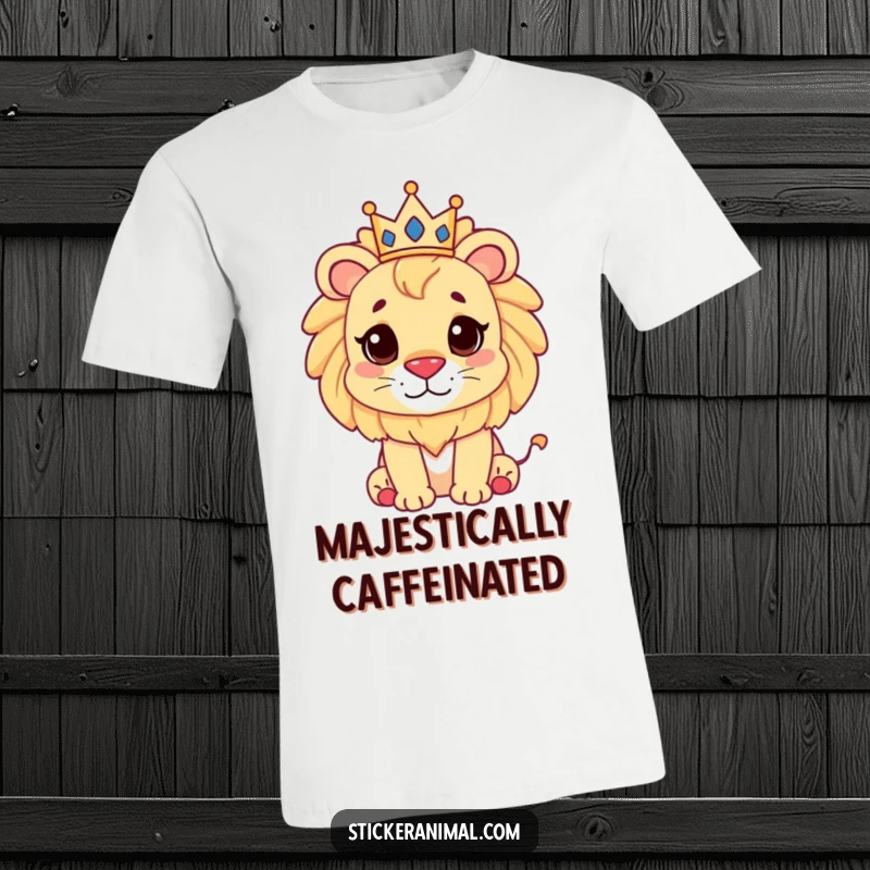 Funny, cute lion character wearing a miniature crown on a comfortable t-shirt, exuding playful royalty.