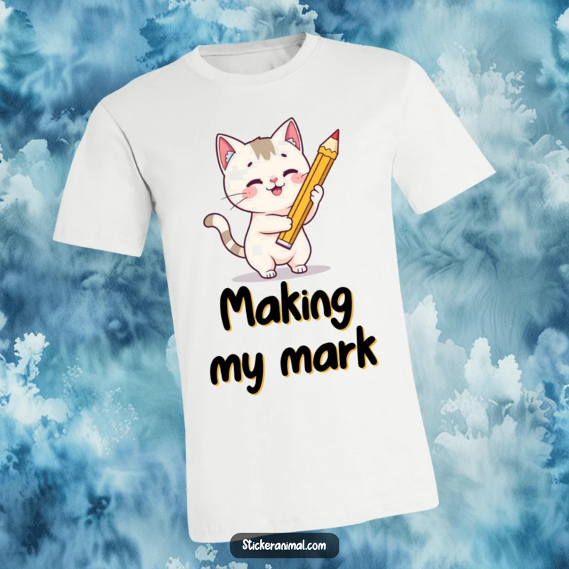 Funny cat artist t-shirt featuring a playful cat character using a comically large pencil to draw a bright star, exuding joy.