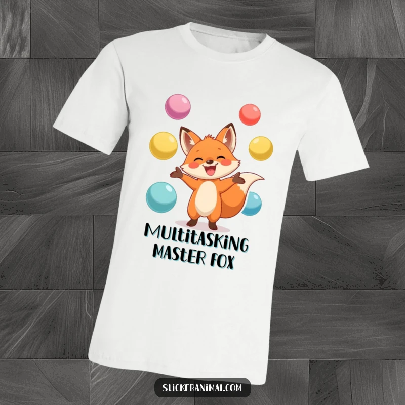 Funny t-shirt featuring a happy fox with a wide grin, skillfully juggling oversized colorful balls, embodying fun and dexterity.