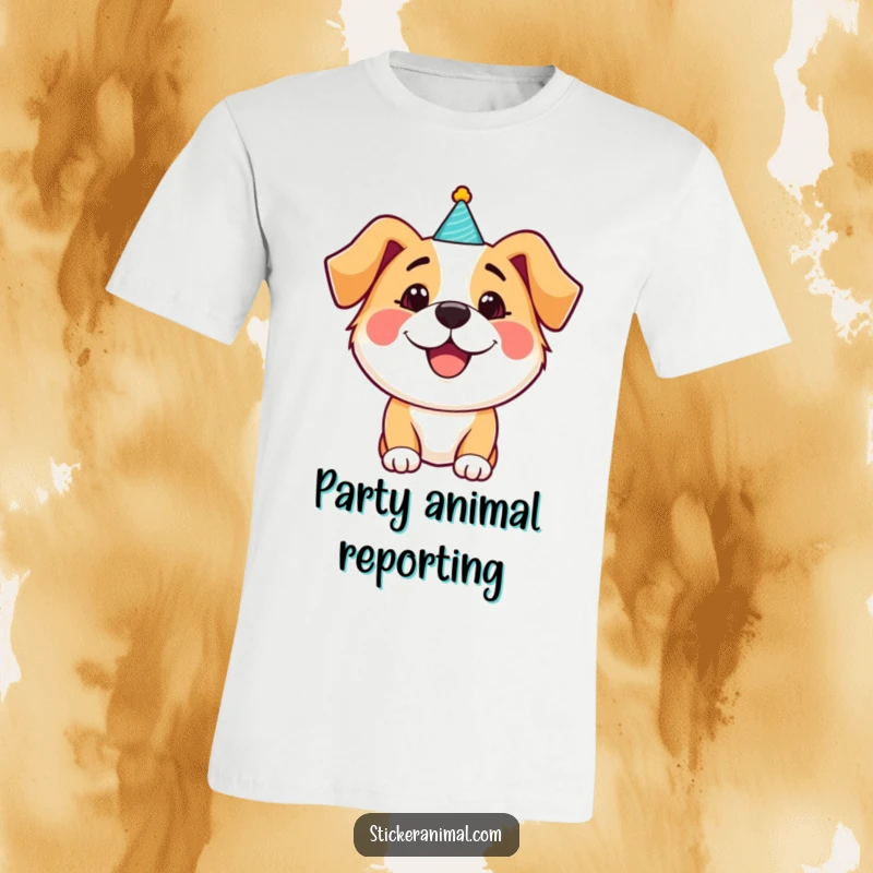 Funny happy dog in a small party hat on a t-shirt, radiating joy and festive spirit, a great funny gift.