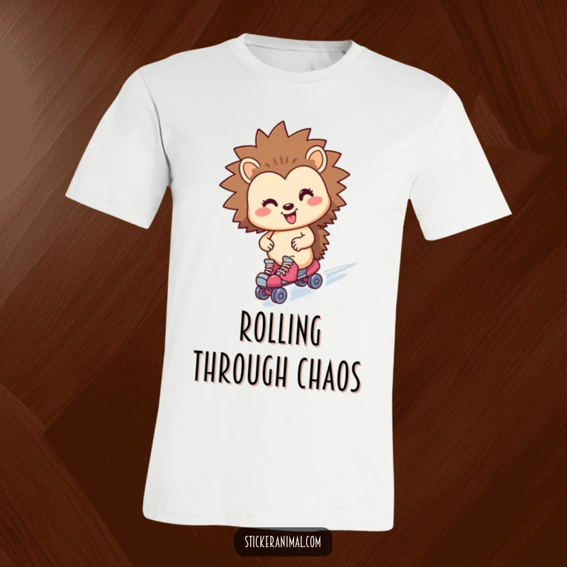 Funny hedgehog character on a t-shirt, wearing roller skates and zipping by with a grin.