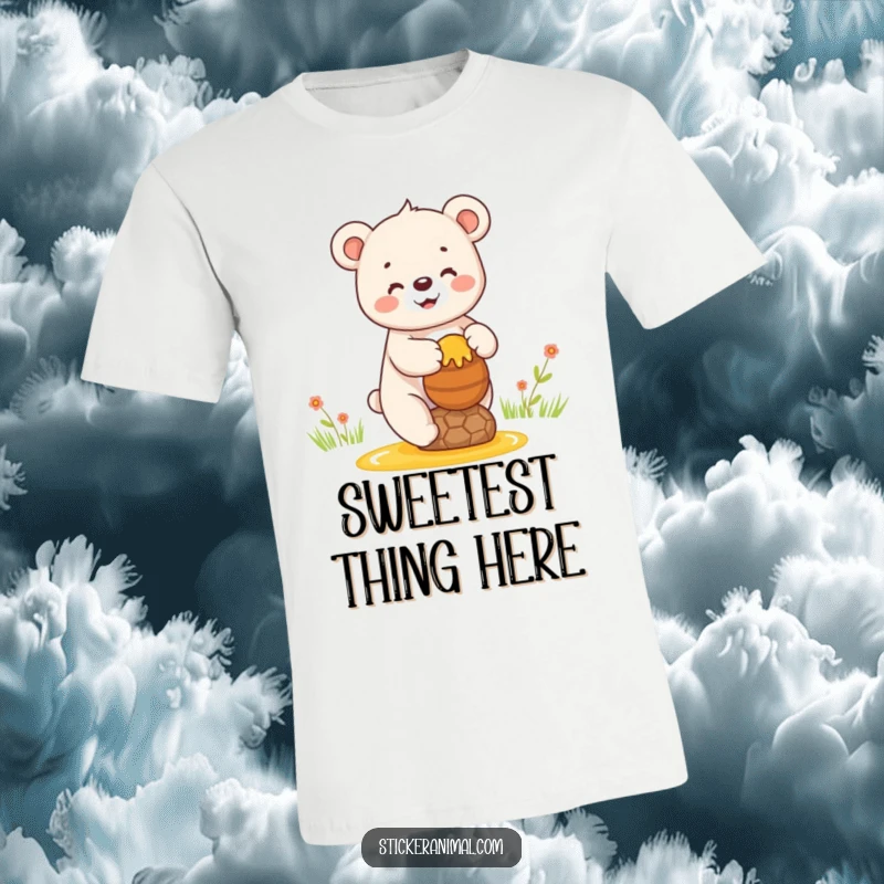 Funny t-shirt featuring a cheerful bear cub carefully balancing a full pot of honey, embodying sweetness and joy.