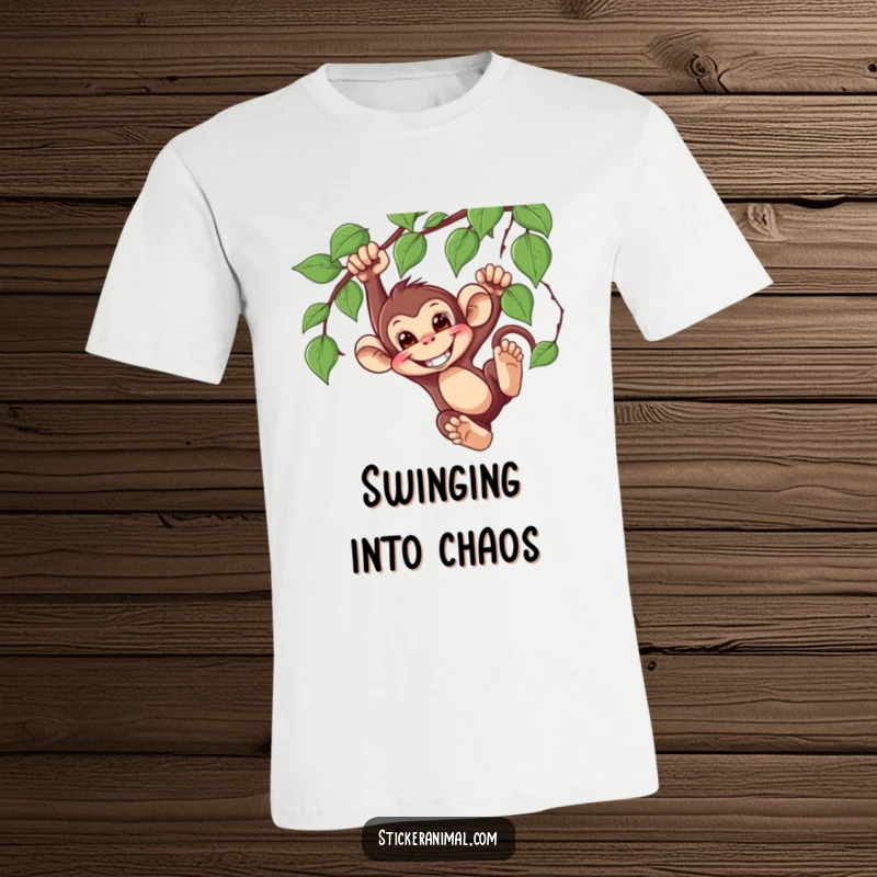 Funny Monkey Swinging T-Shirt showing a mischievous monkey character mid-swing from a vine, exuding pure, humorous joy and playfulness.