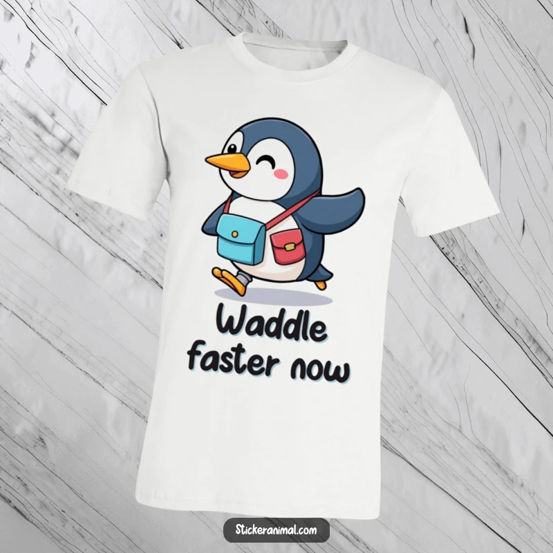 Funny penguin t-shirt featuring a cheerful character in motion, carrying a small messenger bag, illustrating speed and determination with a smile.