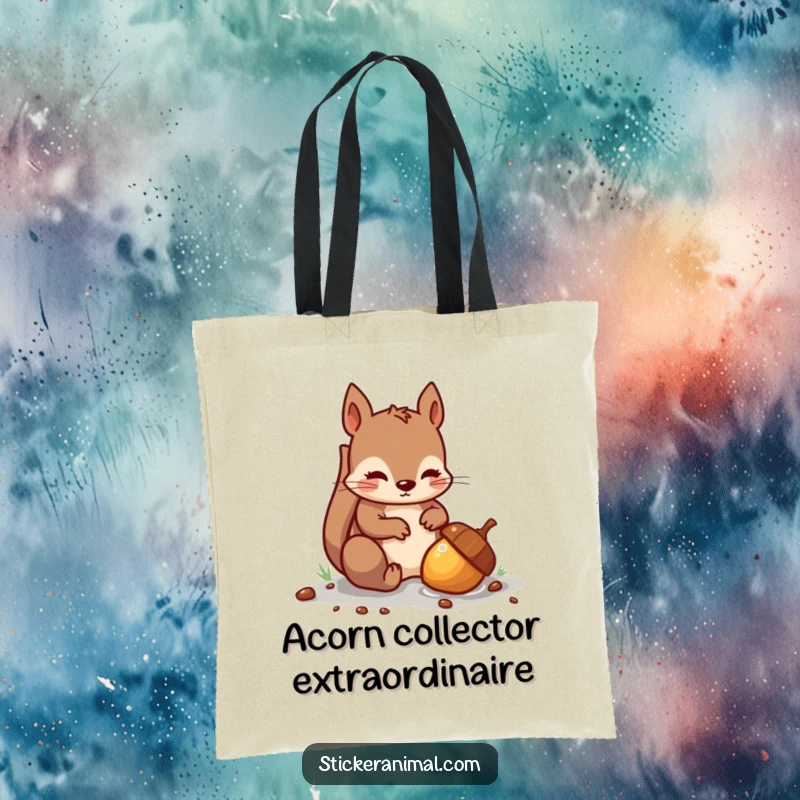 Funny tote bag featuring a mischievous squirrel focused on burying a shiny acorn, a humorous accessory for shoppers.