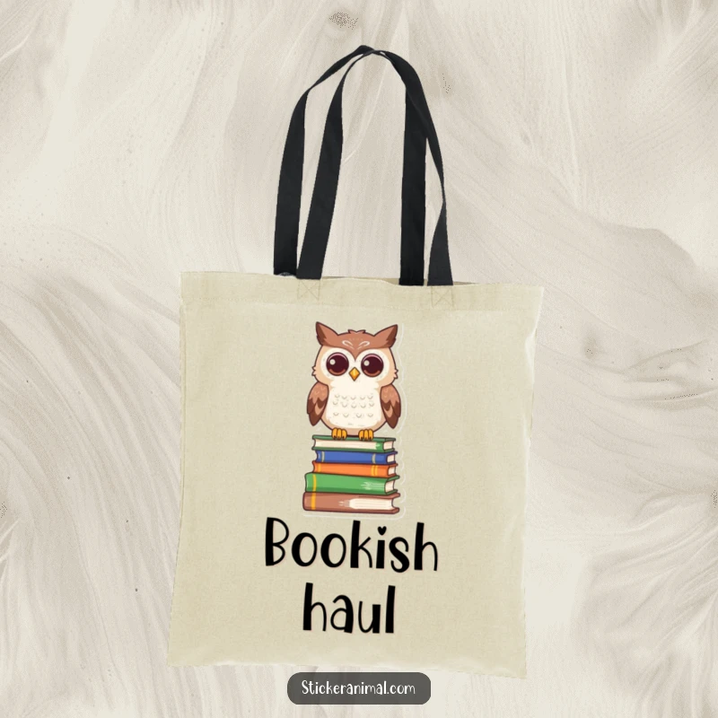 Funny owl tote bag showing a curious character perched on a stack of books, a stylish accessory for book lovers.