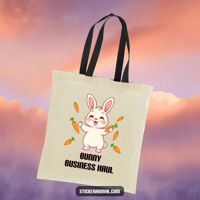 Funny giggling rabbit juggling carrots on a tote bag, full of playful charm and humor, perfect for a funny gift.