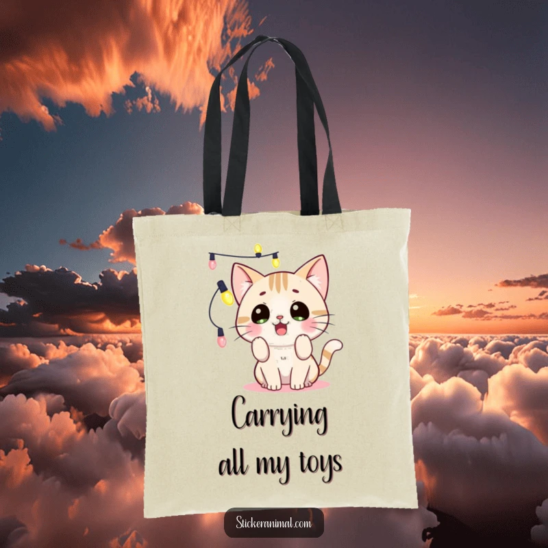 Funny surprised cat batting at string lights on a tote bag, a charming design full of playful holiday spirit, perfect for a funny gift.