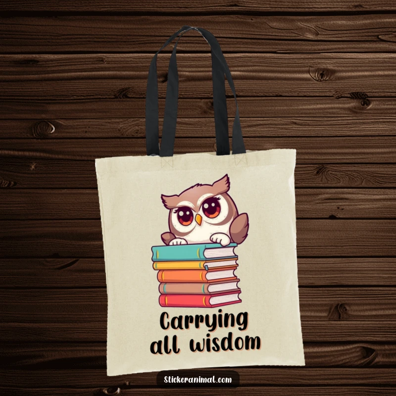 Funny tote bag showcases a curious owl peeking from behind books, perfect for carrying literature.