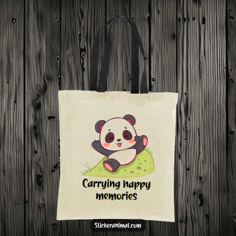 Funny tote bag with a playful panda bear tumbling down a grassy hill, perfect for carrying items with joy.