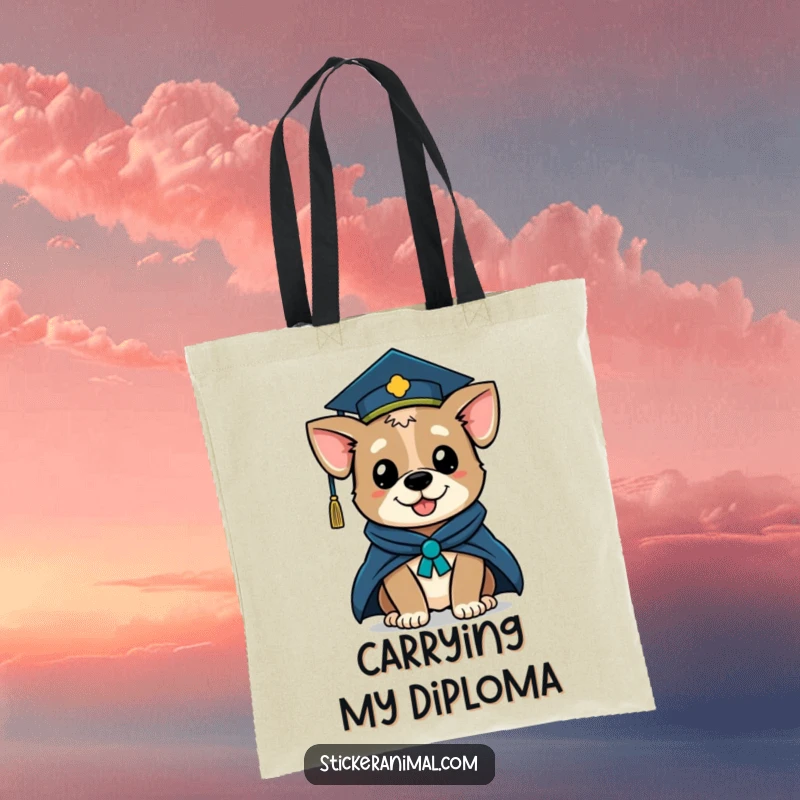 Funny tote bag showcasing a winking dog wearing a graduation cap and academic robe, perfect for carrying essentials and celebrating.