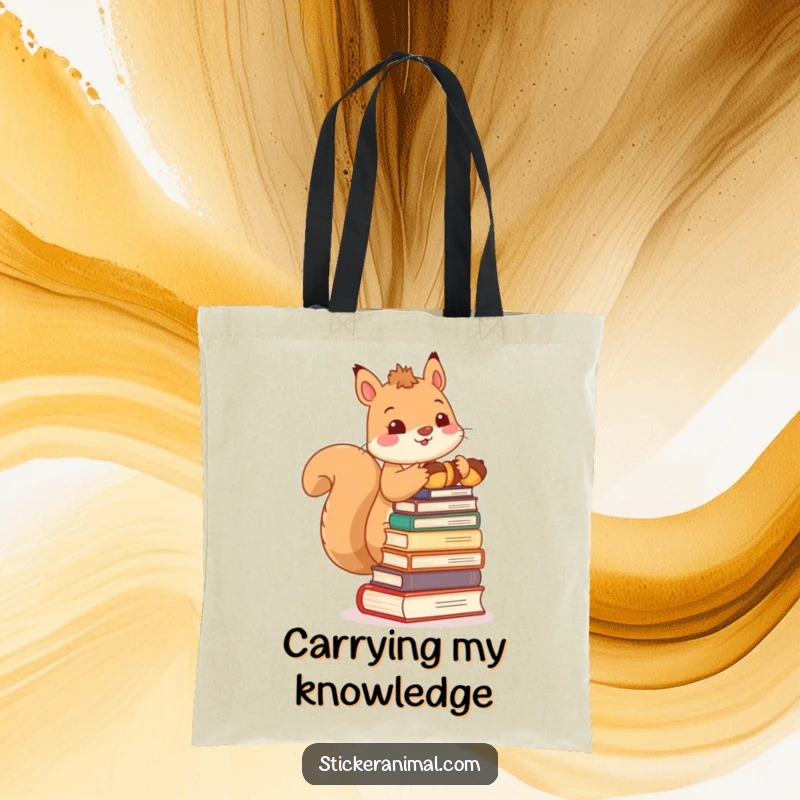 Funny tote bag featuring a cute squirrel character balancing a stack of acorns like books, ready to carry your literary treasures.