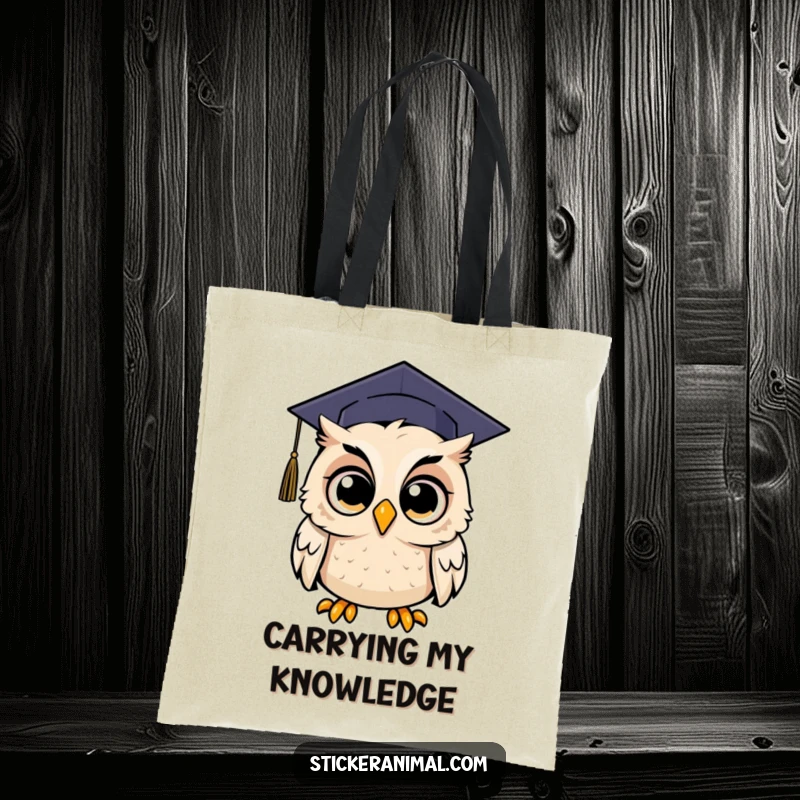 Funny tote bag featuring an owl with comically wide, surprised eyes under a graduation cap, ideal for carrying grad essentials.