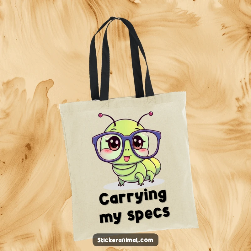 Funny tote bag features a wriggling caterpillar character hilariously attempting to wear oversized glasses.