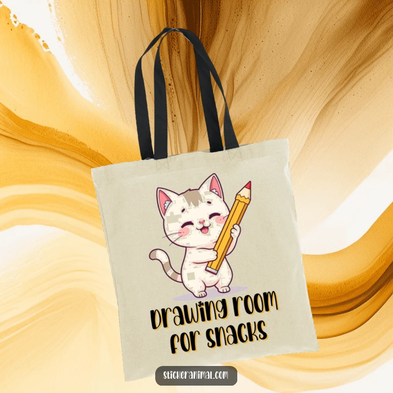 Funny cat artist tote bag with a playful cat character drawing a bold star using an oversized pencil, ready for art supplies.